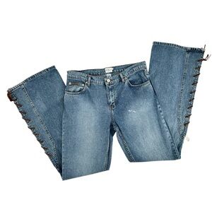 Vintage Y2K Low Rise Flare Jeans Leather Lace Up CK Calvin Klein Jeans | Size 10